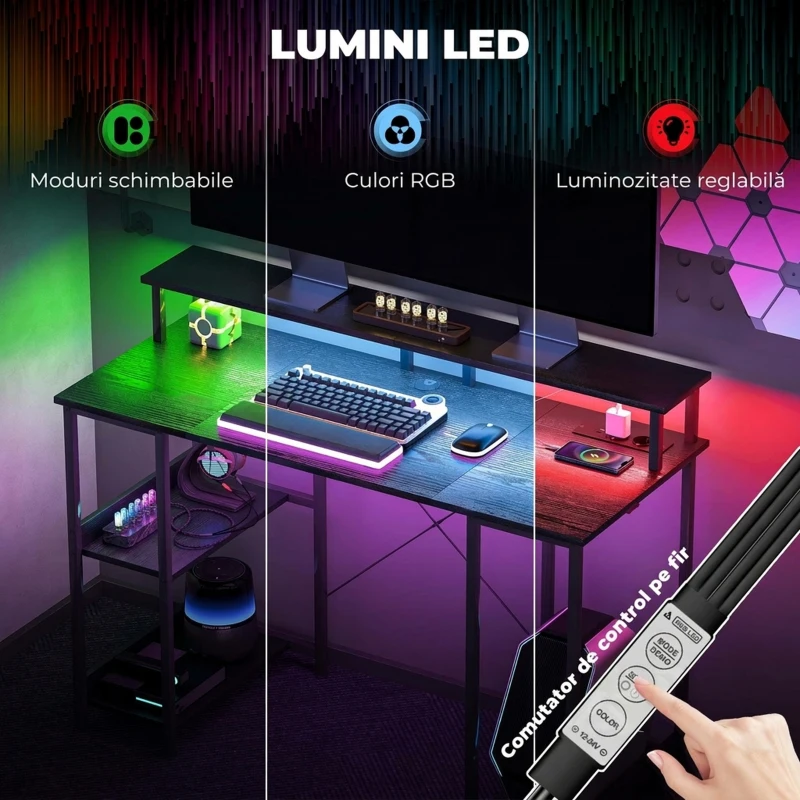 HOMCOM Birou Reversibil pentru PC cu Prize Electrice, Lumini, Suport Monitor și Raft, 120x50 cm, Negru