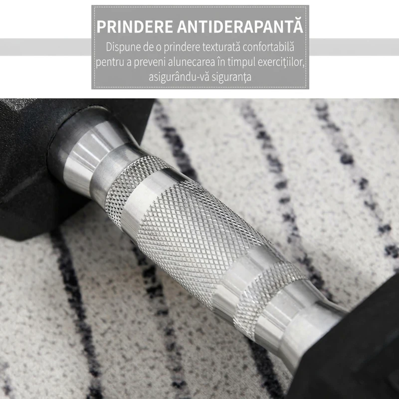 HOMCOM Set 2 gantere hexagonale de 10kg din metal si cauciuc pentru antrenamente acasa si la birou, negru