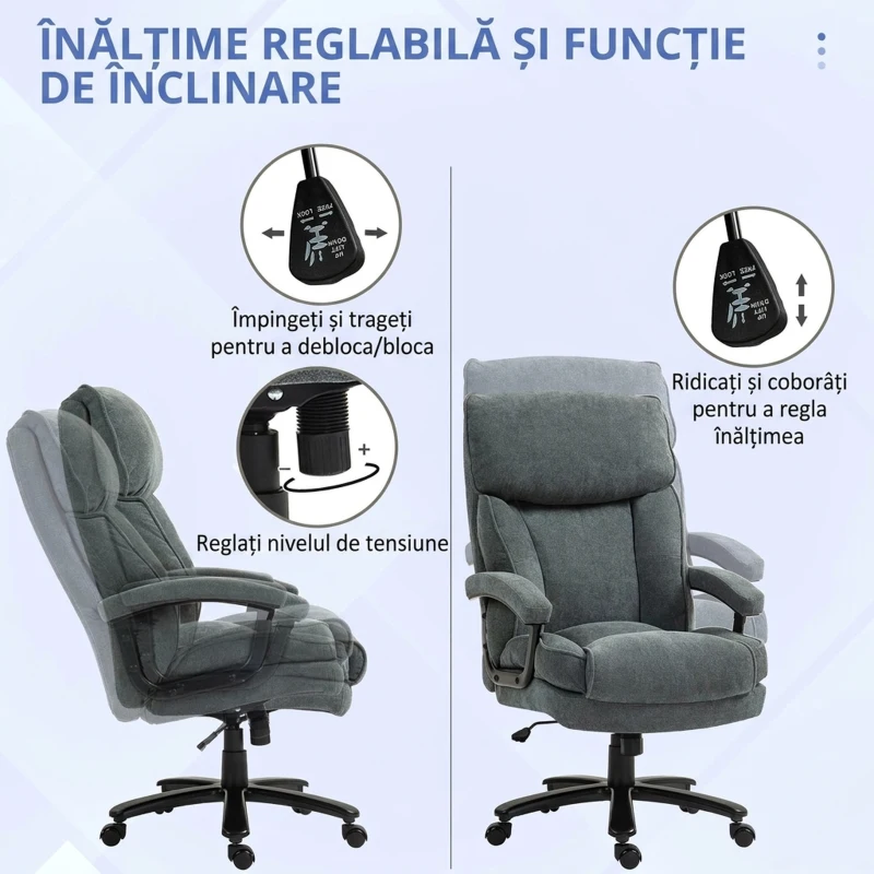 Scaun de Birou HOMCOM Consolidat Capacitate 200kg, Rotativ și Inclinabil din Material Catifelat, Gri