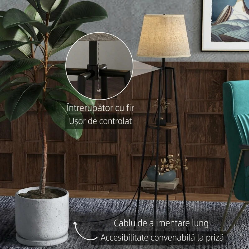HOMCOM Lampa de Podea cu Rafturi, Lampi Moderne Inalte Independente pentru Camera de Zi, Dormitor, cu Abajur din Material Textil (Becul nu este Inclus), Nuc Maro si Maro Deschis