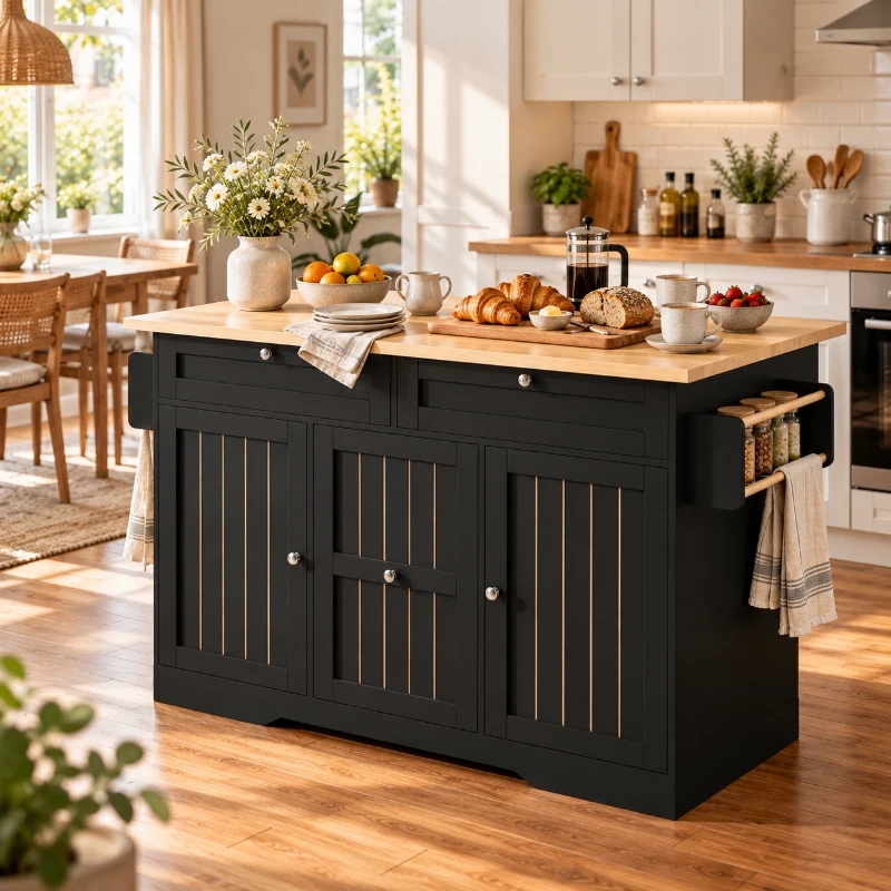 Mobiel keukeneiland met klapbaar werkblad voor extra werkruimte, opbergruimte met 2‑traps verticale lades en 2 grote lades, 120×70×92 cm, zwart