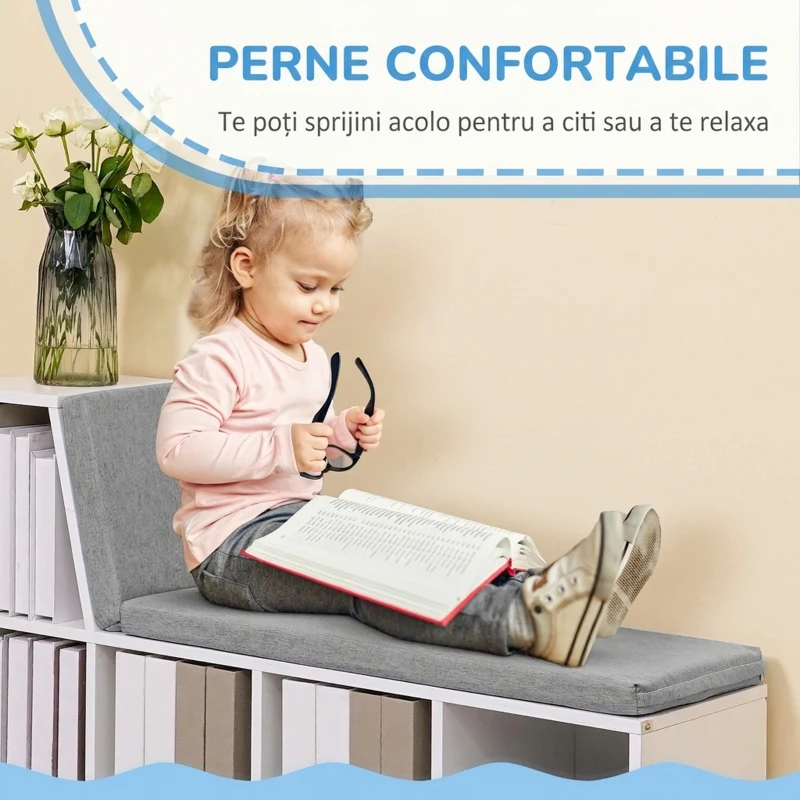 HOMCOM Bibliotecă cu 5 Rafturi Deschise și 2 Perne, Mobilier Modern din Lemn, pentru Living, Dormitor și Birou, Gri Alb
