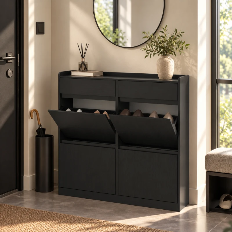 HOMCOM Slim-Schuhschrank aus Holz mit 4 Klappschubladen und 2 Ausziehschubladen, 98x19.2x95.3 cm, Schwarz