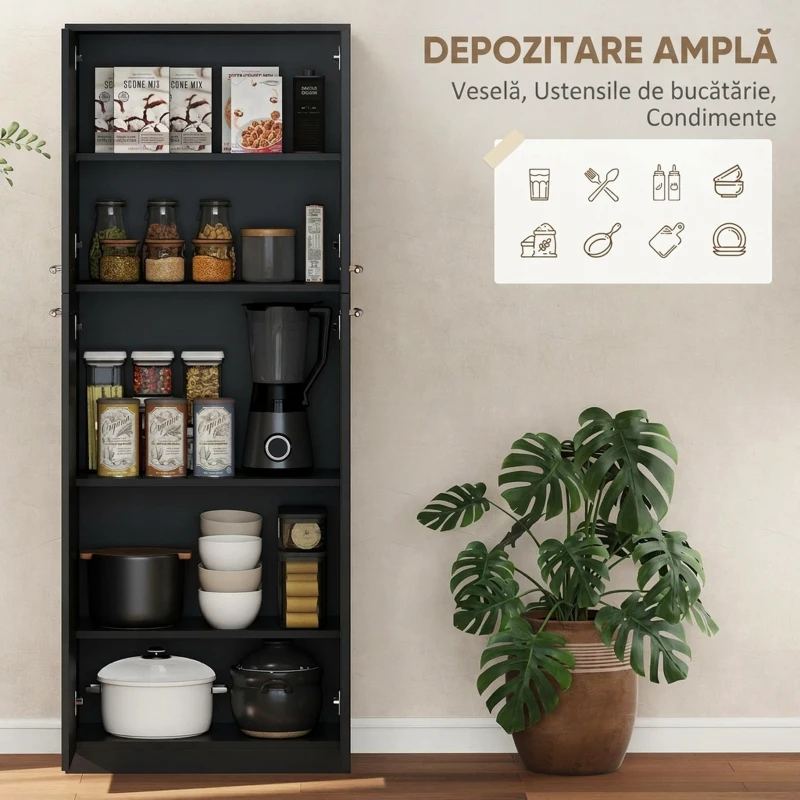 HOMCOM Mobilier de depozitare minimalist cu 2 dulapuri și rafturi reglabile, din lemn negru, 59x31x155 cm