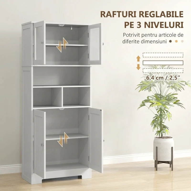 HOMCOM Bufet de bucătărie cu 2 dulapuri și 3 spații deschise, uși din sticlă și rafturi reglabile, 60x30x145,5 cm, alb