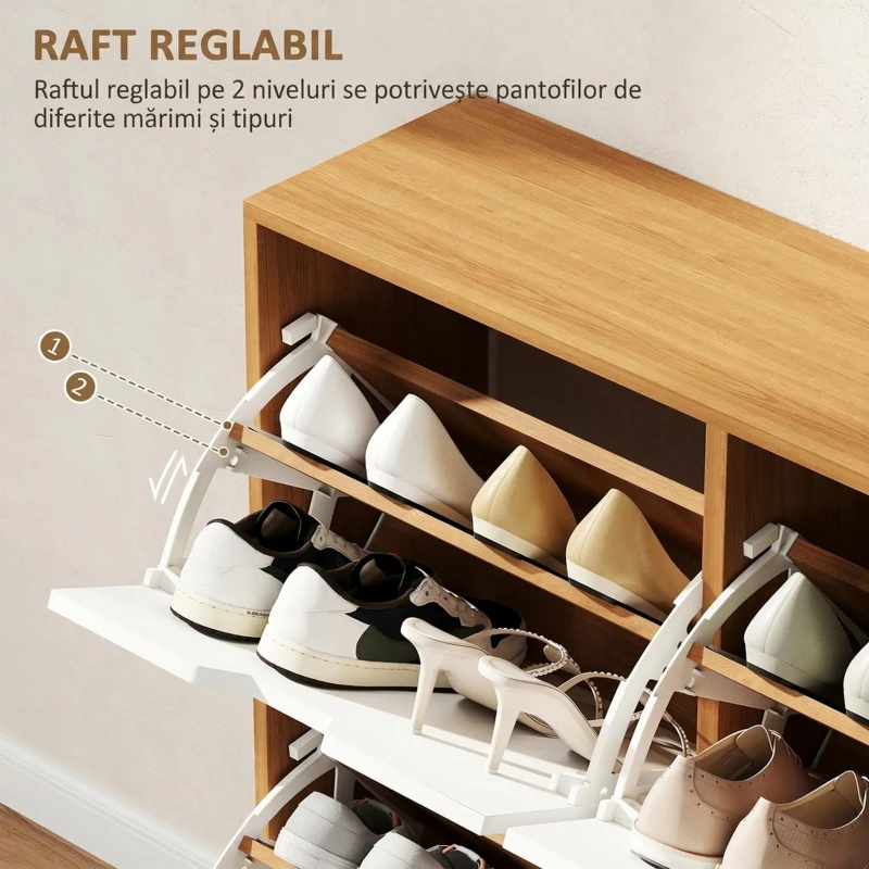 HOMCOM Dulap Pantofar Modern cu 4 Sertare Rabatabile si Raft Reglabil, Organizator de Depozitare pentru Dulap Pantofar de Hol pentru 16 Perechi de Pantofi, Natur