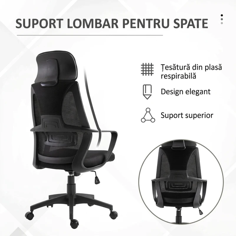 Vinsetto Scaun de Birou Rabatabil cu Tetieră și Suport Lombar, din Poliester, 64x55x116-126 cm, Negru