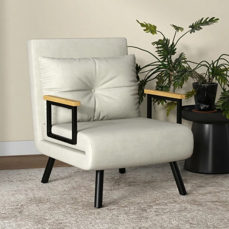HOMCOM Fotoliu Pat 3 în 1 cu Spătar Reglabil și Pernă, din Material cu Efect de Catifea, 63x73x81 cm, Crem(m-7)