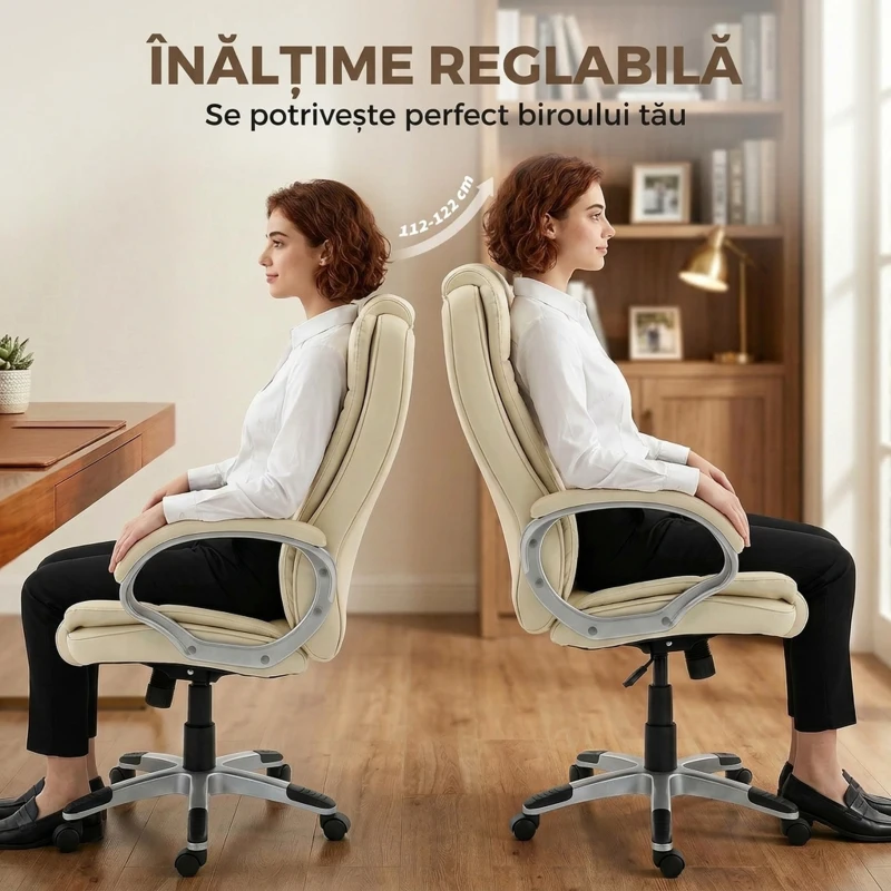 HOMCOM Scaun de Birou Rotativ din PU, Funcție Balansare, Spătar Înalt, Înălțime Reglabilă, Capacitate 120kg, Negru