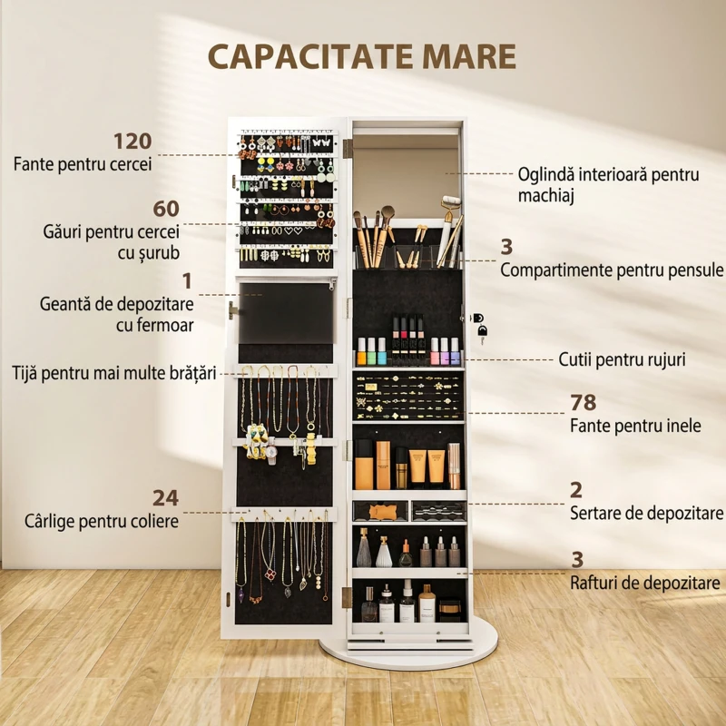 HOMCOM Dulap pentru Bijuterii 3 în 1 Rotativ la 360°, Rafturi din Spate și Ușă cu Cheie, 55x55x161 cm, Alb