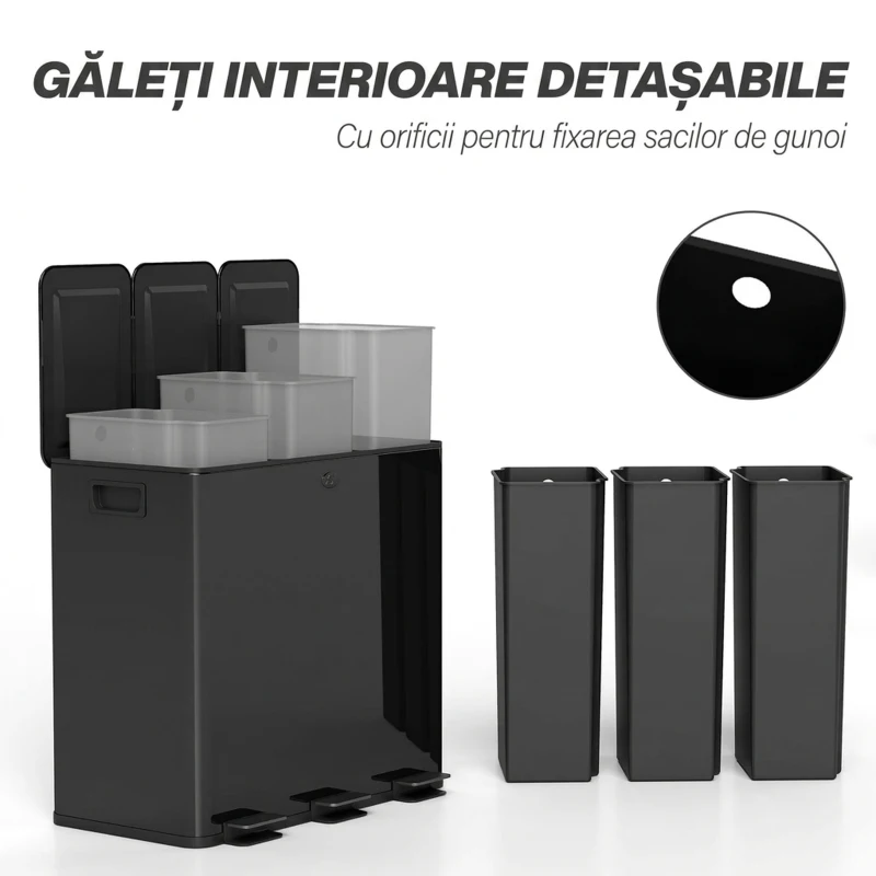 HOMCOM Bidone Immondizia a 3 Sezioni da 20L con Chiusura Silenziosa, in Acciaio Inox e PP, 61.9x36.6x56.7 cm, Nero