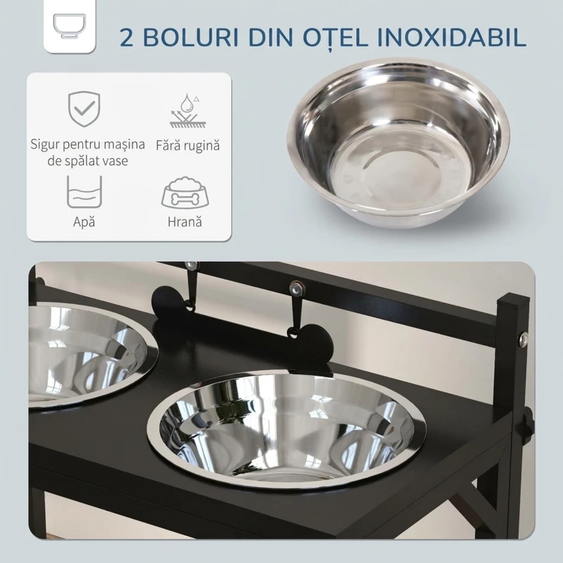 PawHut Suport Boluri pentru Câini Ridicat cu Înălțime Reglabilă, 2 Boluri din Oțel de 900ml, Negru