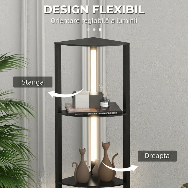 HOMCOM Lampadar Coloană din MDF cu 4 Rafturi și Iluminare LED de 3000K, 41x29.5x163.5 cm, Negru