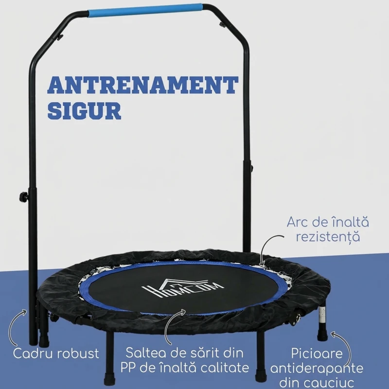 HOMCOM Mini Trambulină Fitness Ø102 cm Pliabilă cu Mâner Reglabil pe Înălțime, Albastră