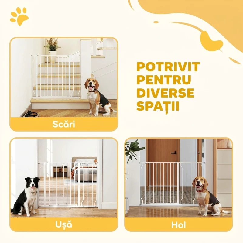 PawHut Poartă de Siguranță pentru Câini din Oțel și ABS, Extensibilă 75-115cm pentru Scări și Uși, Alb