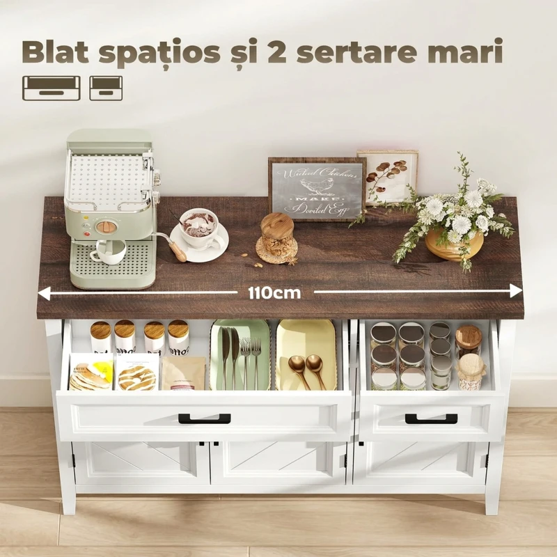 HOMCOM Bufet Dulap Jos pentru Depozitare, MDF, 110 x 35 x 80,5 cm, Alb