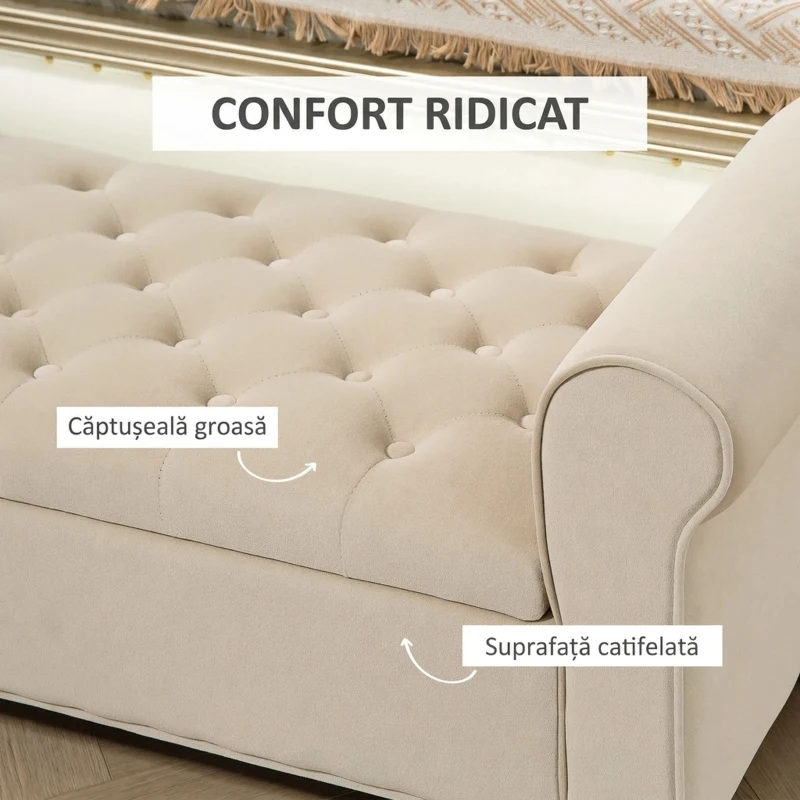 HOMCOM Bancă Dormitor cu Compartiment de Depozitare și Cotiere Rulate, 126x48.5x57 cm, Bej