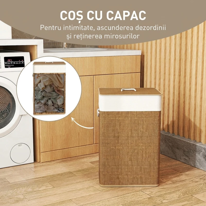 HOMCOM Coș pentru rufe 72L cu capac din bambus, mânere din frânghie și sac detașabil, maro