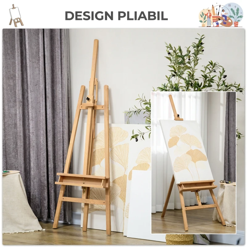 Vinsetto Șevalet pentru Pictură Pliabil din Lemn de Fag cu Înălțime și Unghi Reglabil, 65x110x180-235 cm