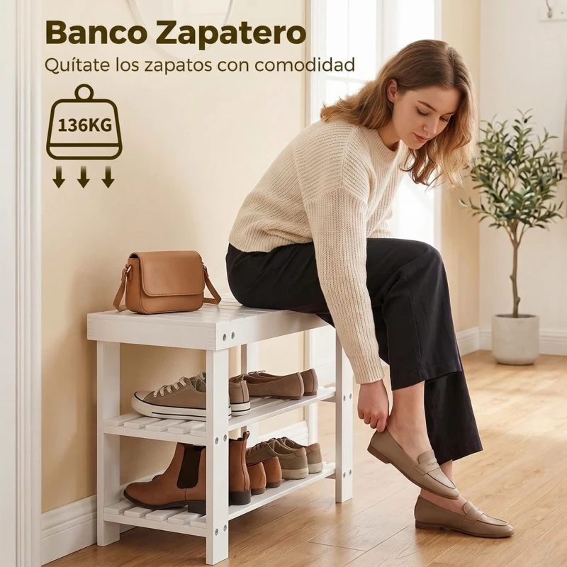 HOMCOM Banco Zapatero de Bambú con Asiento y 2 Estantes para 4 Pares para Entrada Salón Dormitorio 50x28x45 cm Blanco