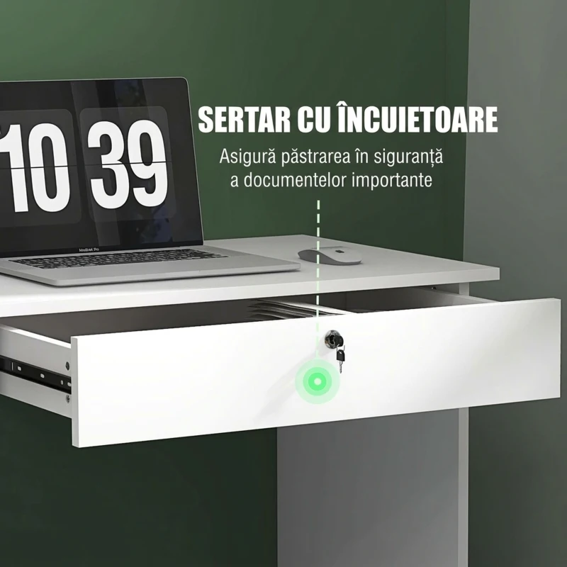 HOMCOM Birou modern cu 5 sertare și compartiment deschis cu încuietoare și 2 chei, 110x50x76cm, alb(m-5)