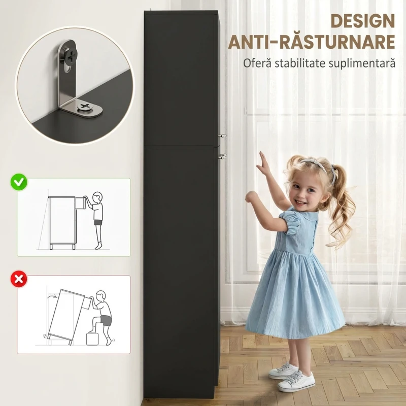 HOMCOM Mobilier de depozitare minimalist cu 2 dulapuri și rafturi reglabile, din lemn negru, 59x31x155 cm
