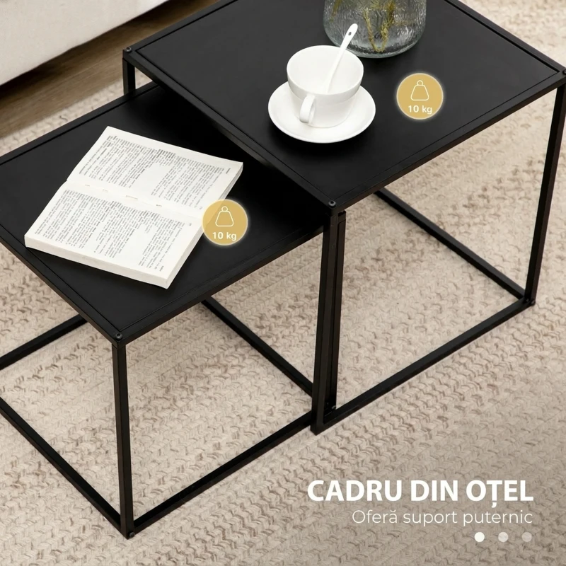 HOMCOM Set de 2 Mese de Cafea Pătrate Suprapozabile pentru Living și Sufragerie din Oțel, Negru