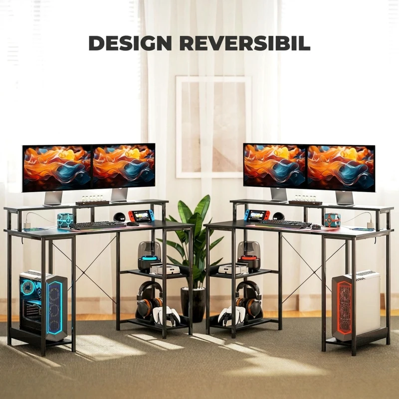 HOMCOM Birou Reversibil pentru PC cu Prize Electrice, Lumini, Suport Monitor și Raft, 120x50 cm, Negru