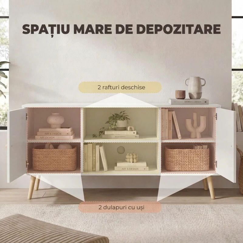 HOMCOM Mobilă TV pentru televizoare de până la 55 inch, cu 2 dulapuri și 2 rafturi deschise, din lemn și PAL melaminat, 120x34x50 cm, alb