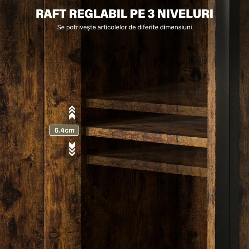 HOMCOM Noptieră Industrială cu 2 Rafturi și Compartiment Interior Reglabil, din Lemn și Oțel, 34x30x80 cm, Maro