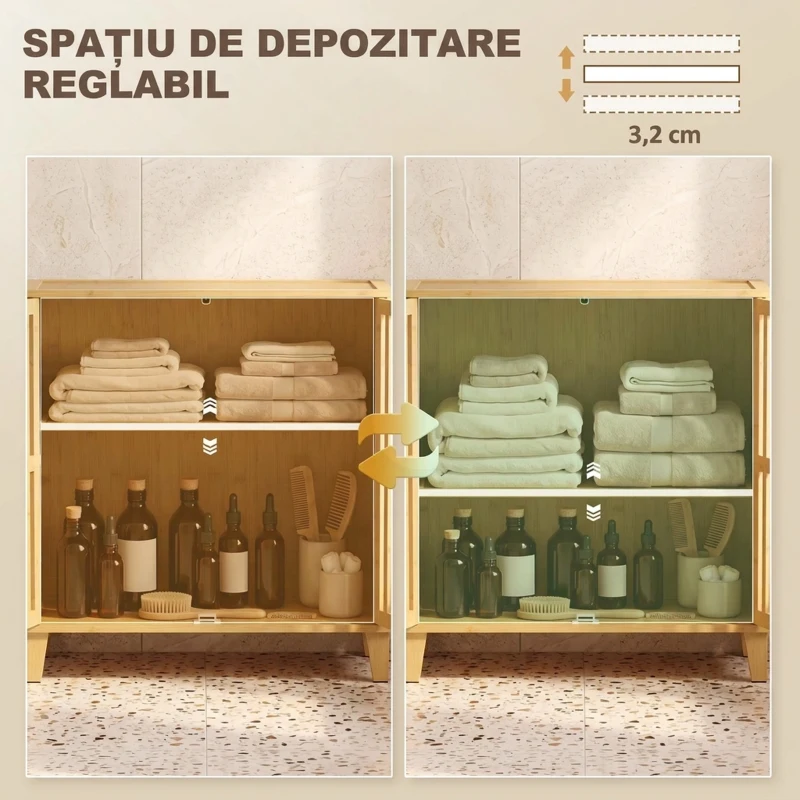 HOMCOM Dulăpior de Baie Îngust din Bambus cu Raft Reglabil, Natural