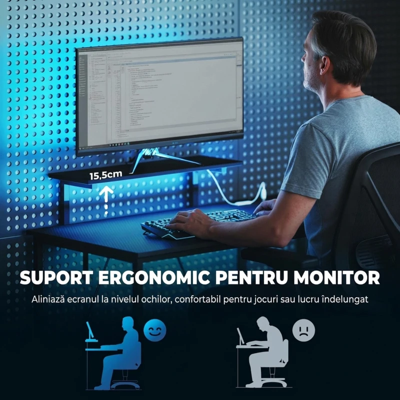 HOMCOM Birou Gaming Colțar cu LED, Prize Electrice, Suport pentru Monitor și Raft, Negru