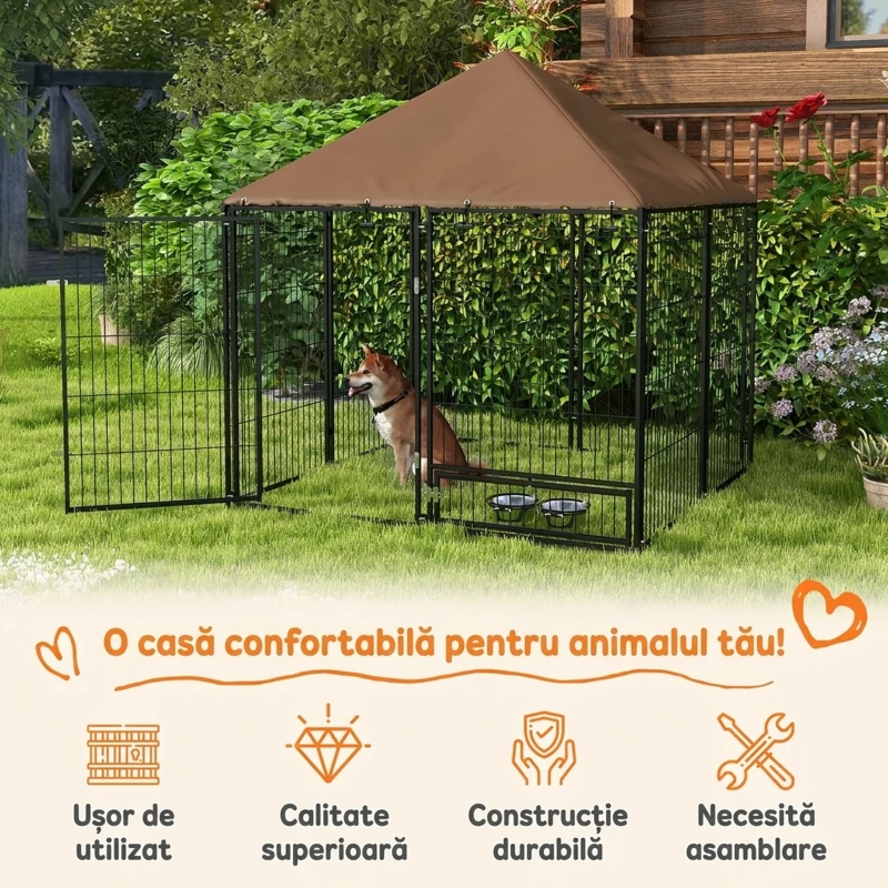 PawHut Țarc pentru câini din metal și material Oxford cu ușiță pentru boluri, 141x141x151 cm, negru și maro(m-4)