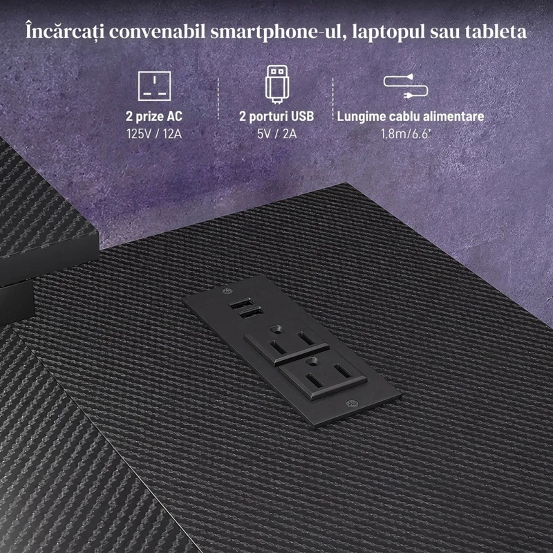 HOMCOM Birou colțar reversibil cu LED, prize de curent și USB, rafturi și suport pentru monitor, negru