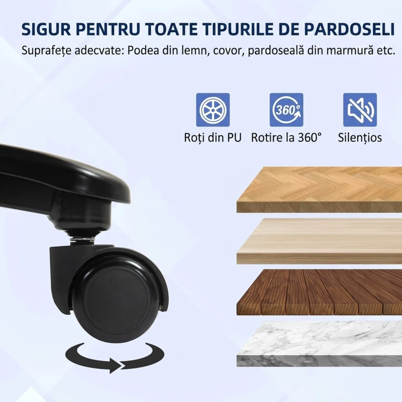 Scaun de Birou HOMCOM Consolidat Capacitate 200kg, Rotativ și Inclinabil din Material Catifelat, Gri
