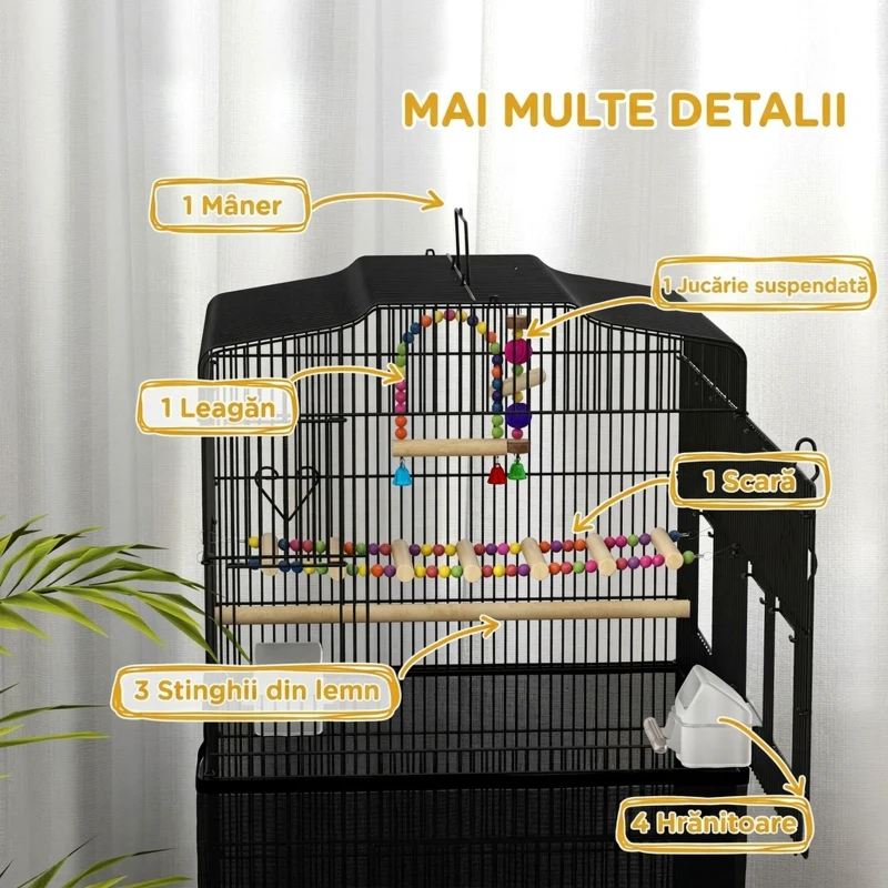 PawHut Colivie pentru pasari cu Stinghii, Leagan si boluri, Voliera din Metal si Plastic, 46.5x35.5x92 cm, Negru