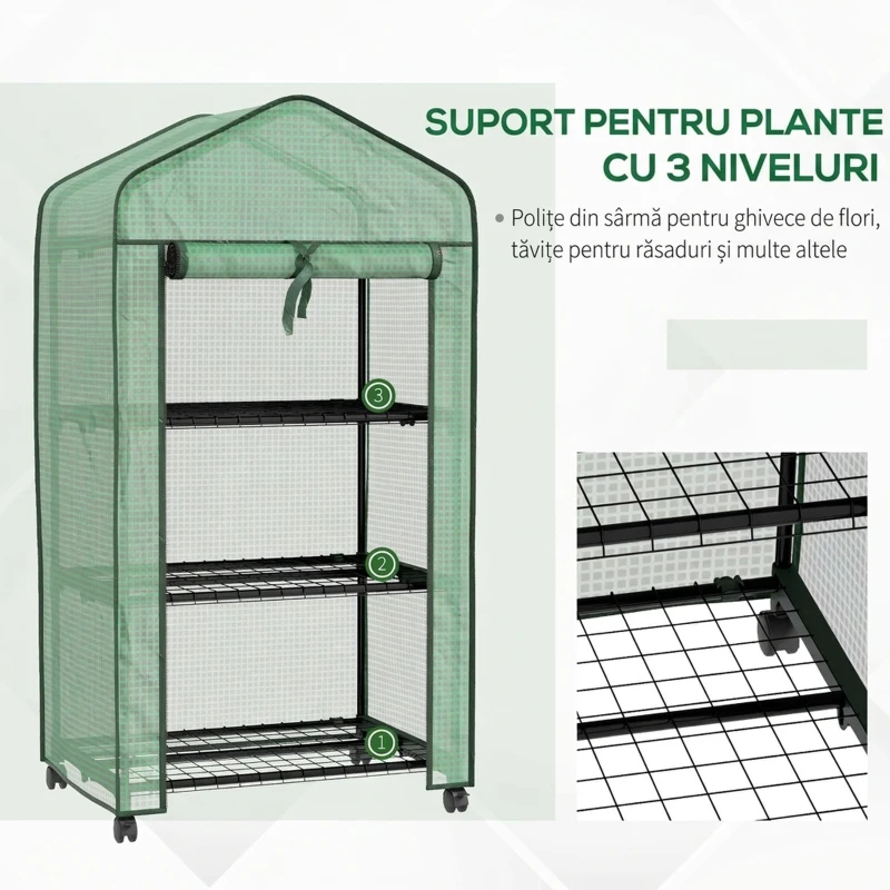Outsunny Mini Seră de Grădină cu Acoperire din PE, 3 Rafturi și Roți, 69x49x130cm, Verde