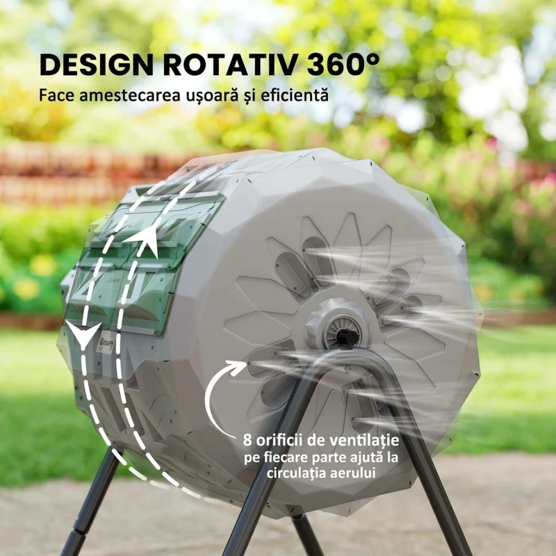 Outsunny Compostor de grădină rotativ cu 2 compartimente și 8 orificii de aerisire, din oțel și PP, 71x65x96 cm, gri