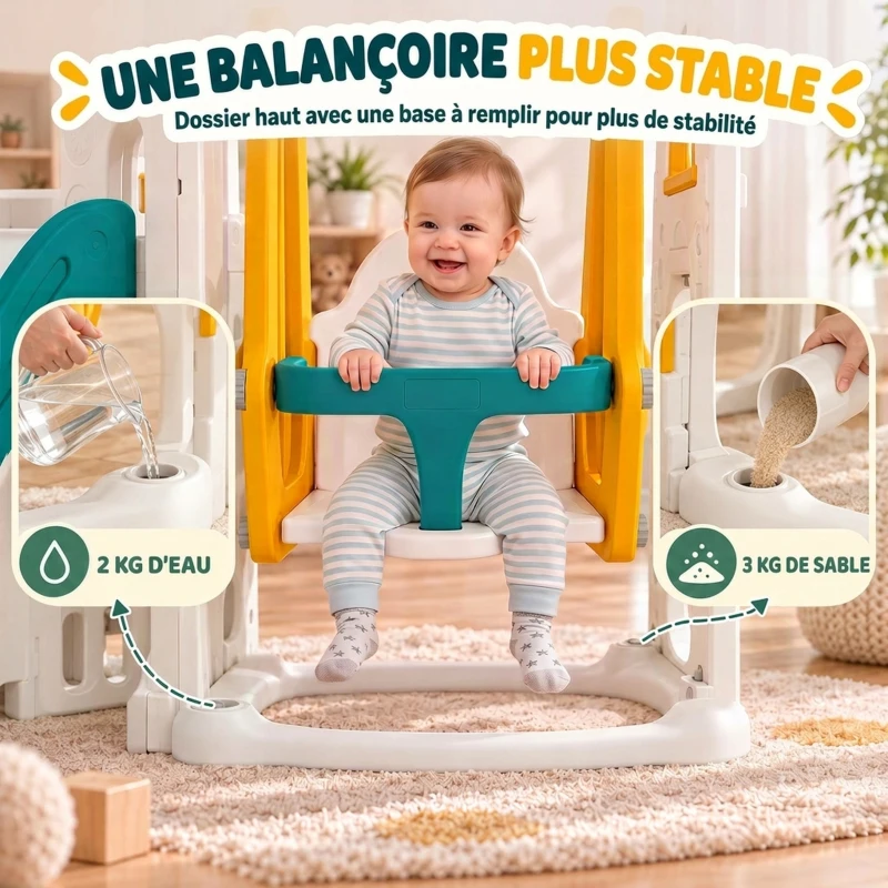 AIYAPLAY Ensemble Toboggan et Balançoire 11 en 1 Enfants, Aire de Jeux Intérieure, Maisonnette, Panier de Basket, 1-4 Ans, Jaune