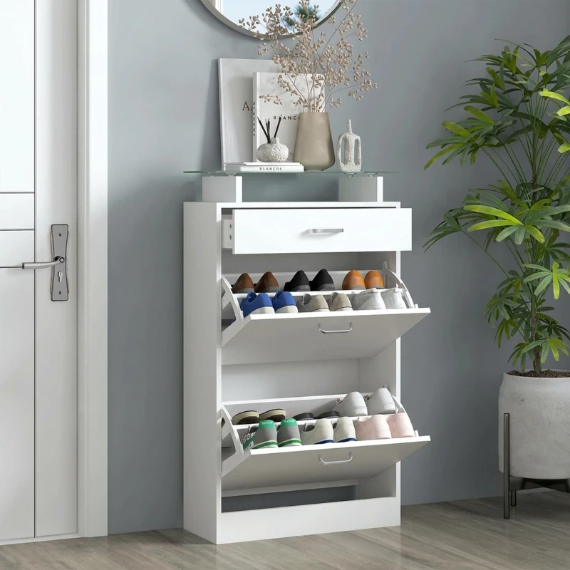 HOMCOM Dulap pentru pantofi din lemn cu 2 uși, 2 niveluri, sertar și raft din sticlă, 60x24x105.5 cm, alb