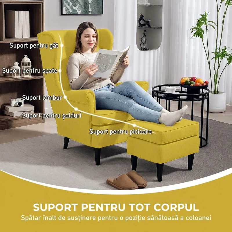 HOMCOM Fotoliu cu Pouf în Stil Contemporan, din Țesătură cu Efect de In și Lemn de Caucciú, 75x83x104 cm, Galben