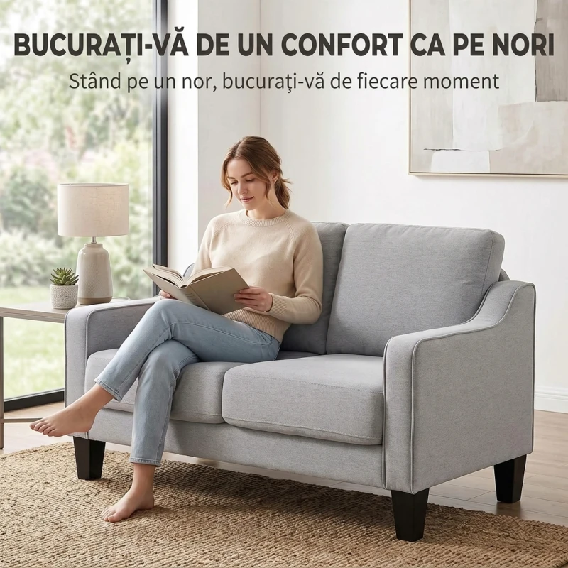 HOMCOM Canapea modernă cu 2 locuri, compactă, din țesătură cu efect de in, 136x77x86 cm, gri deschis