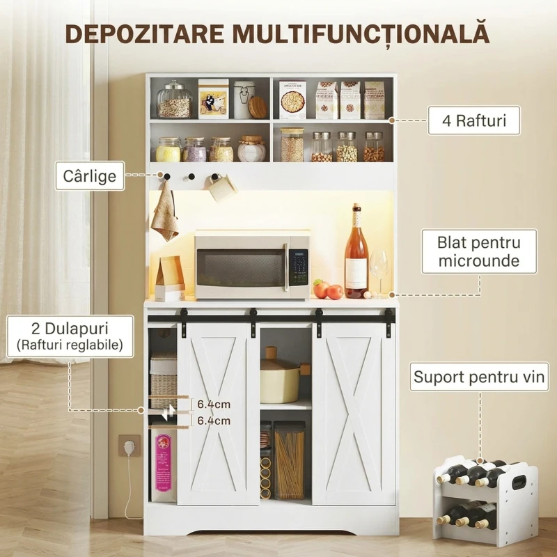 HOMCOM Bufet Bucătărie cu Prize Electrice, Lumină LED, Suport pentru Sticle și Uși Glisante, 100x38x180 cm, Alb