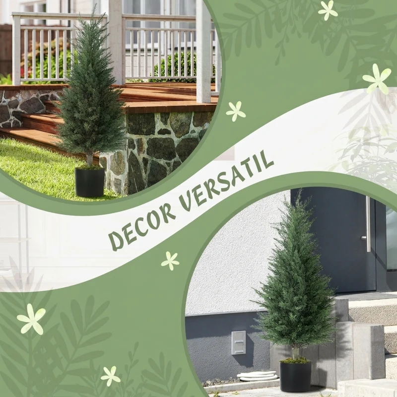 Outsunny Set 2 Plante Artificiale de Chiparos cu 362 Frunze și Ghiveci cu Ciment și Mușchi, Plante Rezistente la UV, Ø40x90 cm, Verde