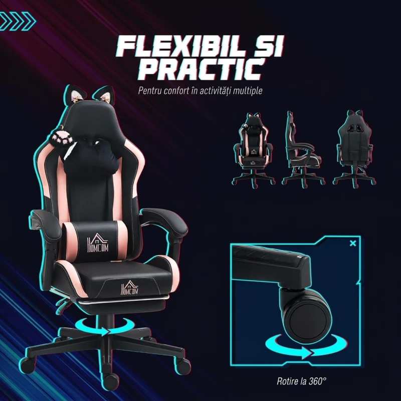 HOMCOM Scaun de Gaming Reclinabil cu Suport pentru Picioare și Perne, din Piele Ecologică și Spumă, 65x62x116-124 cm, Roz și Negru