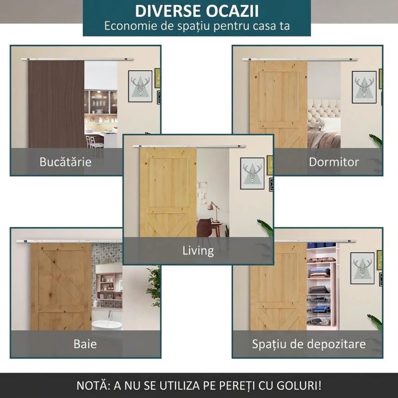 HOMCOM Kit Ușă Glisantă din Metal cu Accesorii, Role, Ghidaj, Blocaje și Cheie Hexagonală, 186x2.5x3.77 cm