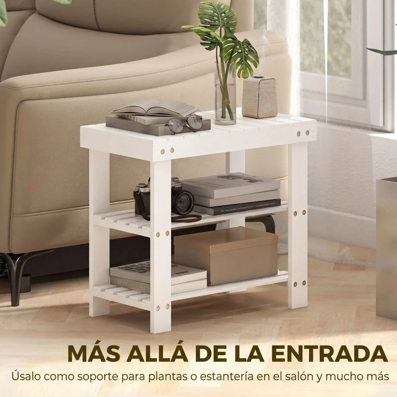 HOMCOM Banco Zapatero de Bambú con Asiento y 2 Estantes para 4 Pares para Entrada Salón Dormitorio 50x28x45 cm Blanco