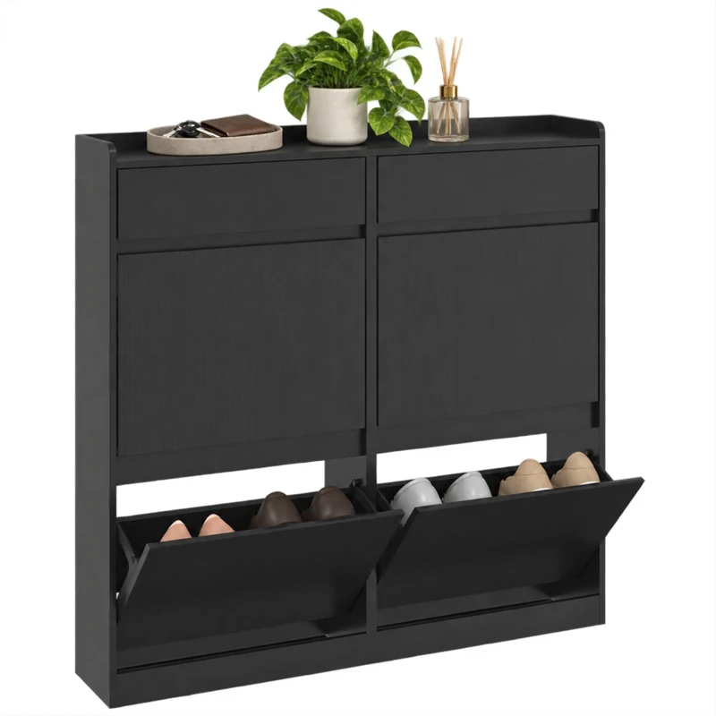 HOMCOM Slim-Schuhschrank aus Holz mit 4 Klappschubladen und 2 Ausziehschubladen, 98x19.2x95.3 cm, Schwarz