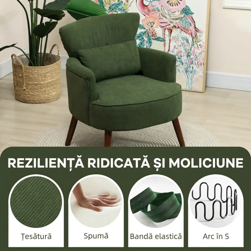 HOMCOM Fotoliu Modern Tapițat din Catifea cu Pernă Lombară, Spătar și Picioare din Lemn, Verde