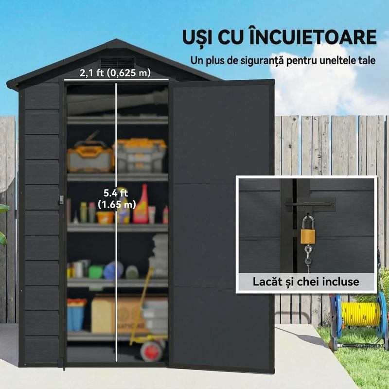 Outsunny Căsuță pentru Unelte cu 2 Intrări, Ferestre și Aerisiri, din PP și Aluminiu, 128x104x196 cm, Gri Închis